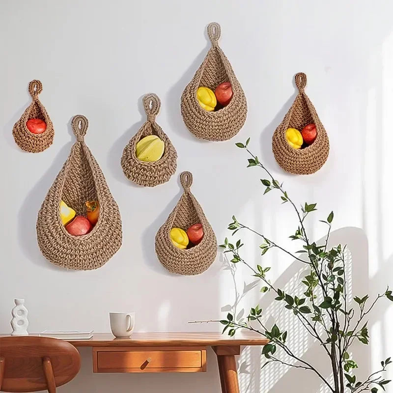 Handwoven Hanging Wall Fruit Vegetable Basket Organizer Container Decor for Kitchen Garden Mount Wall Plant Flower Onion Storag