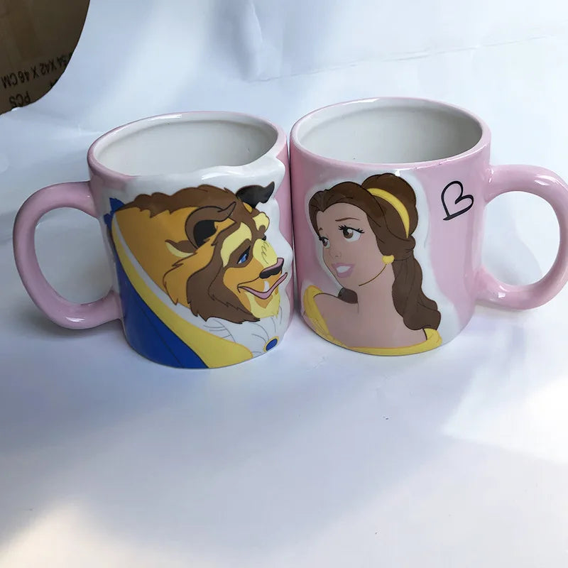 Disney 2 pieces Princess Couple Mug Mermaid Ceramic Mug Beauty Beast Ceramic Mug Double Snow White Coffee Gifts Couple Mugs