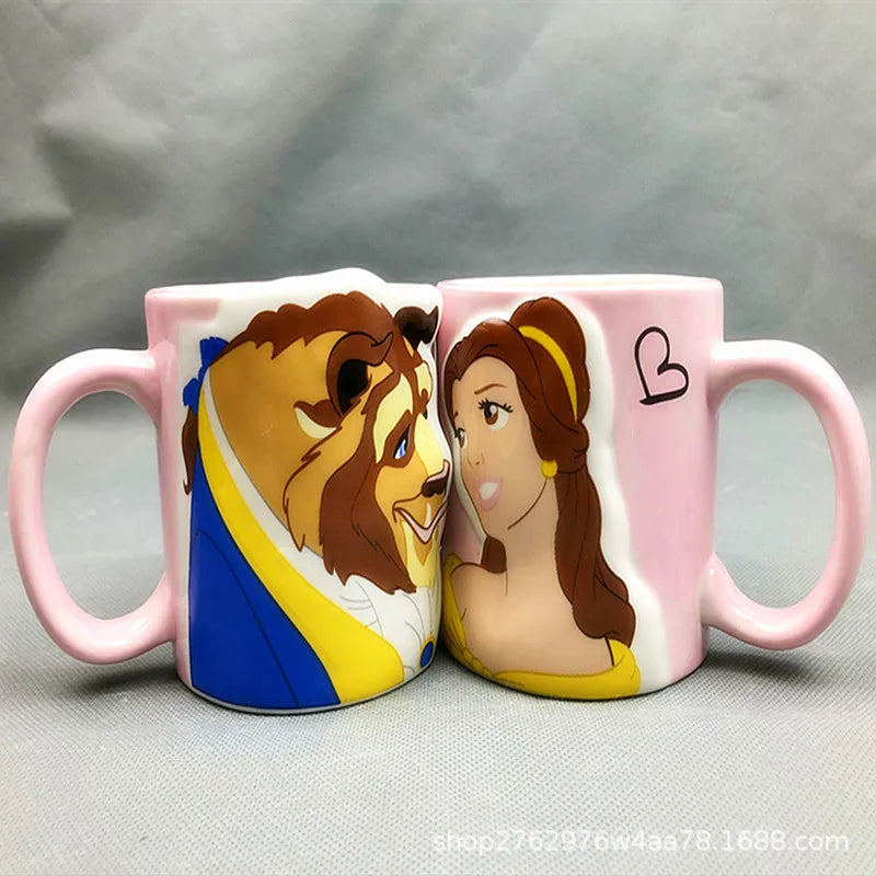 Disney 2 pieces Princess Couple Mug Mermaid Ceramic Mug Beauty Beast Ceramic Mug Double Snow White Coffee Gifts Couple Mugs