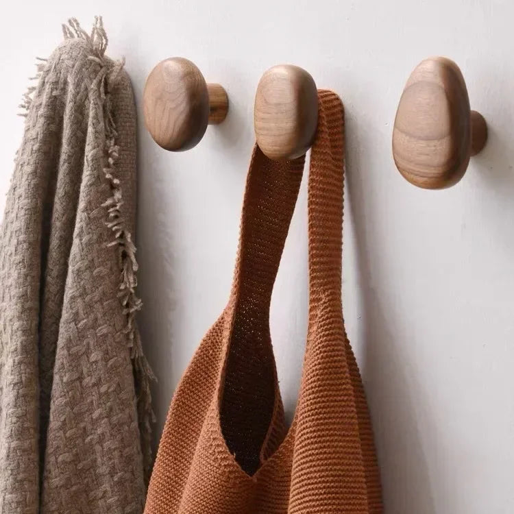 Scandinavian Solid Wood Handle Clothes Hook Coat Hook Wall-mounted Hook Punch-free Door Clothes Hanger Pebble Shape Cabinet Door