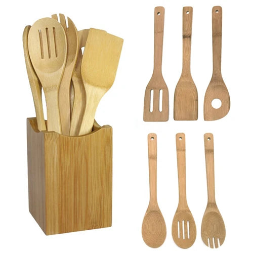 6 Pieces Bamboo Spoon Spatula Kitchen Utensil Wooden Cooking Tool Mixing Set