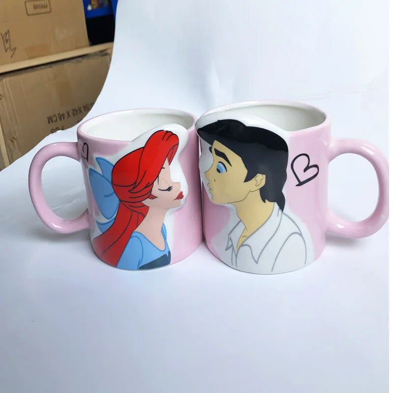 Disney 2 pieces Princess Couple Mug Mermaid Ceramic Mug Beauty Beast Ceramic Mug Double Snow White Coffee Gifts Couple Mugs