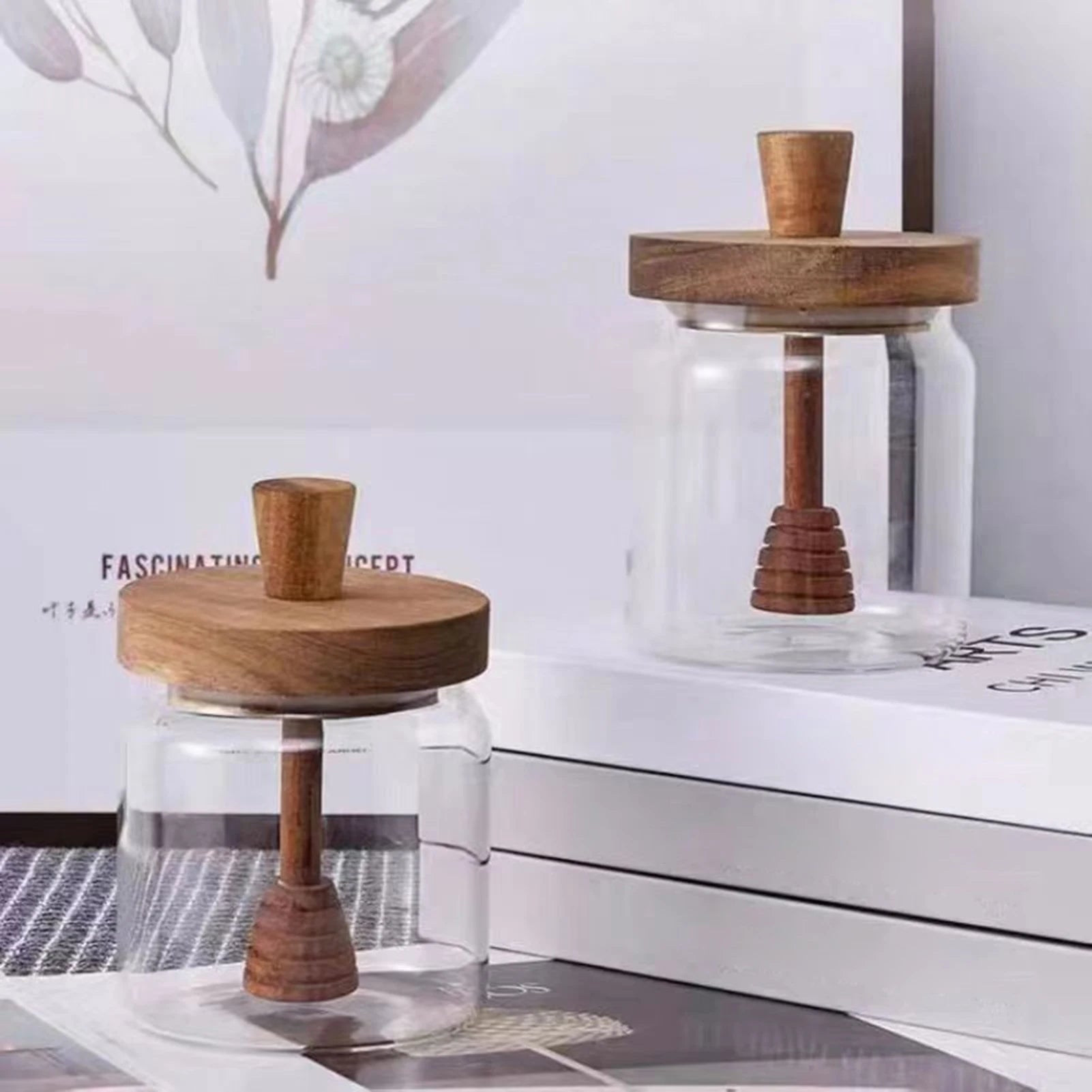 Glass Storage Bottles Honey Jars with Dipper and Lid Wide Mouth Honey Containers Syrup Dispenser for Storing Honey and Syrup