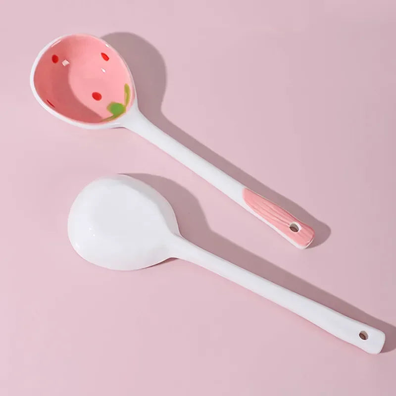 Kawaii Strawberry Ceramic Soup Spoon Cute Korean Ice Cream Hand Painted Coffee Dessert Long Handle Spoon Kitchen Accessories