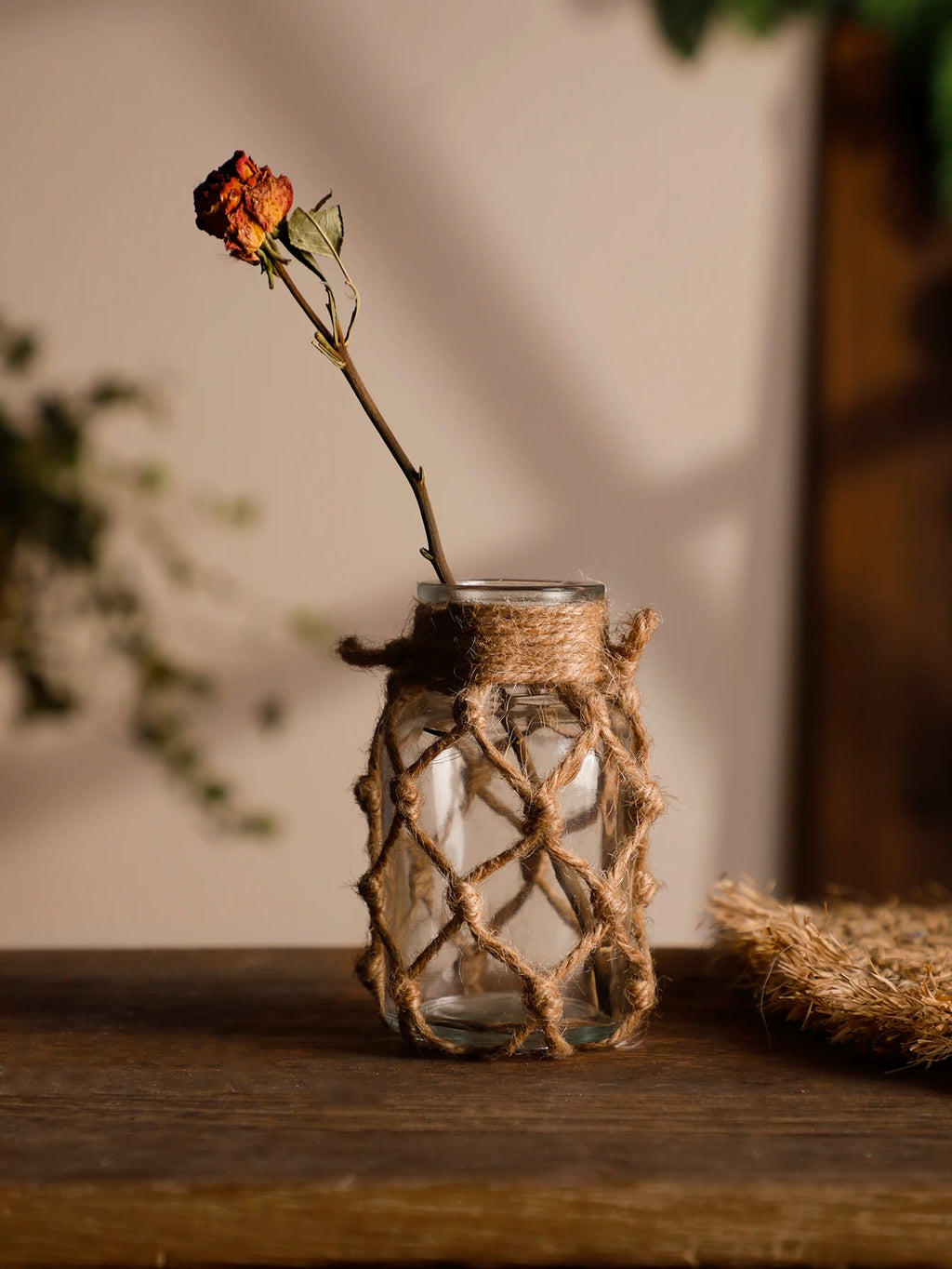 Rustic Hanging Glass Vase Rope Net Dry Flower Glass Vase with Art Hemp Rope  Home Transparent Living Room Decor Table Decoration