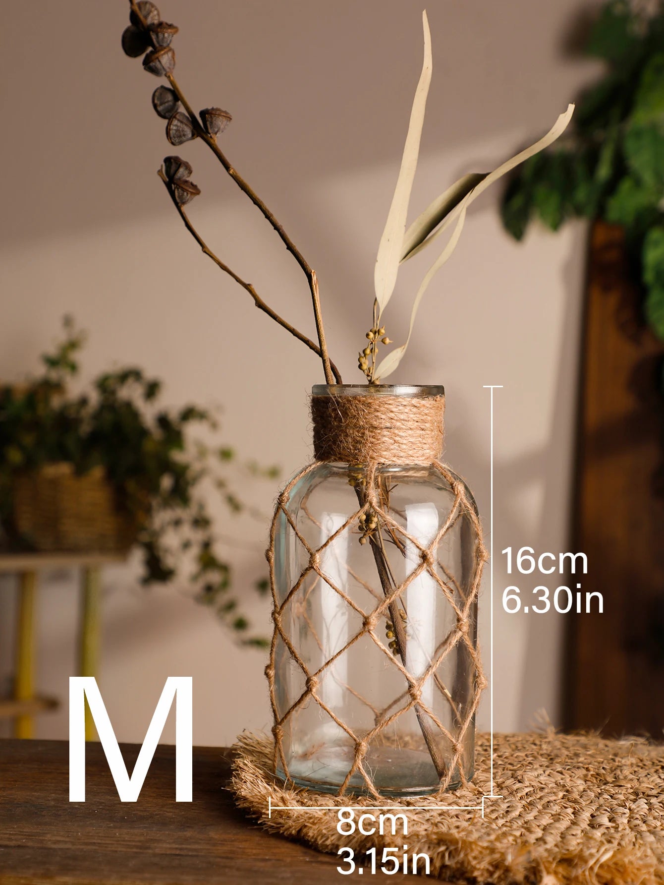 Rustic Hanging Glass Vase Rope Net Dry Flower Glass Vase with Art Hemp Rope  Home Transparent Living Room Decor Table Decoration