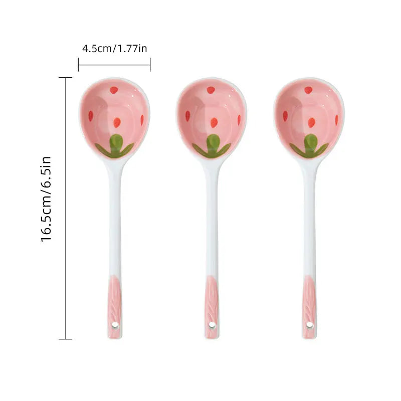 Kawaii Strawberry Ceramic Soup Spoon Cute Korean Ice Cream Hand Painted Coffee Dessert Long Handle Spoon Kitchen Accessories