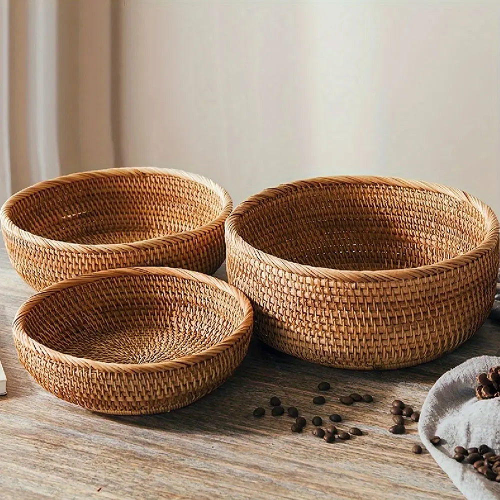 Set of Handwoven Wicker Baskets – Natural Straw Round Storage Baskets for Home Organization, Kitchen, and Decorative Use