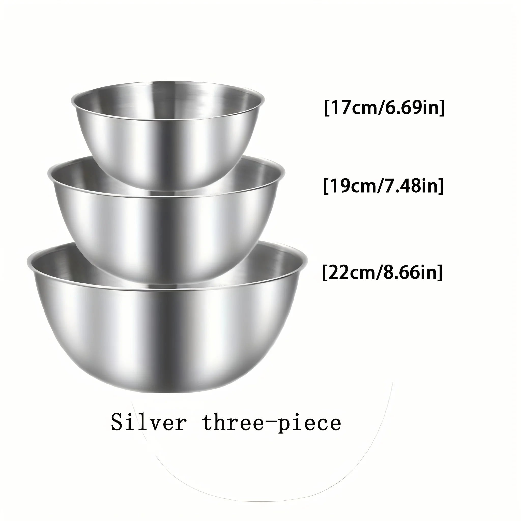 3Pcs A set of three stainless steel bowls for mixing, kneading dough, and serving salads, suitable for kitchen use.