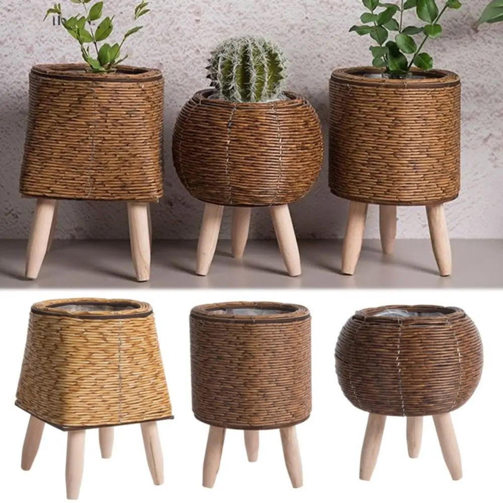 Fashion Rattan Woven Flower Pot Creative Flower Planters With Removable Legs Durable Hand Wove Plant Stand