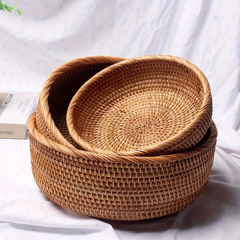 Set of Handwoven Wicker Baskets – Natural Straw Round Storage Baskets for Home Organization, Kitchen, and Decorative Use