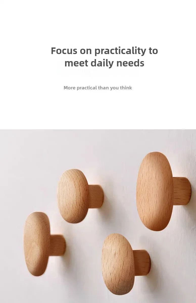Scandinavian Solid Wood Handle Clothes Hook Coat Hook Wall-mounted Hook Punch-free Door Clothes Hanger Pebble Shape Cabinet Door