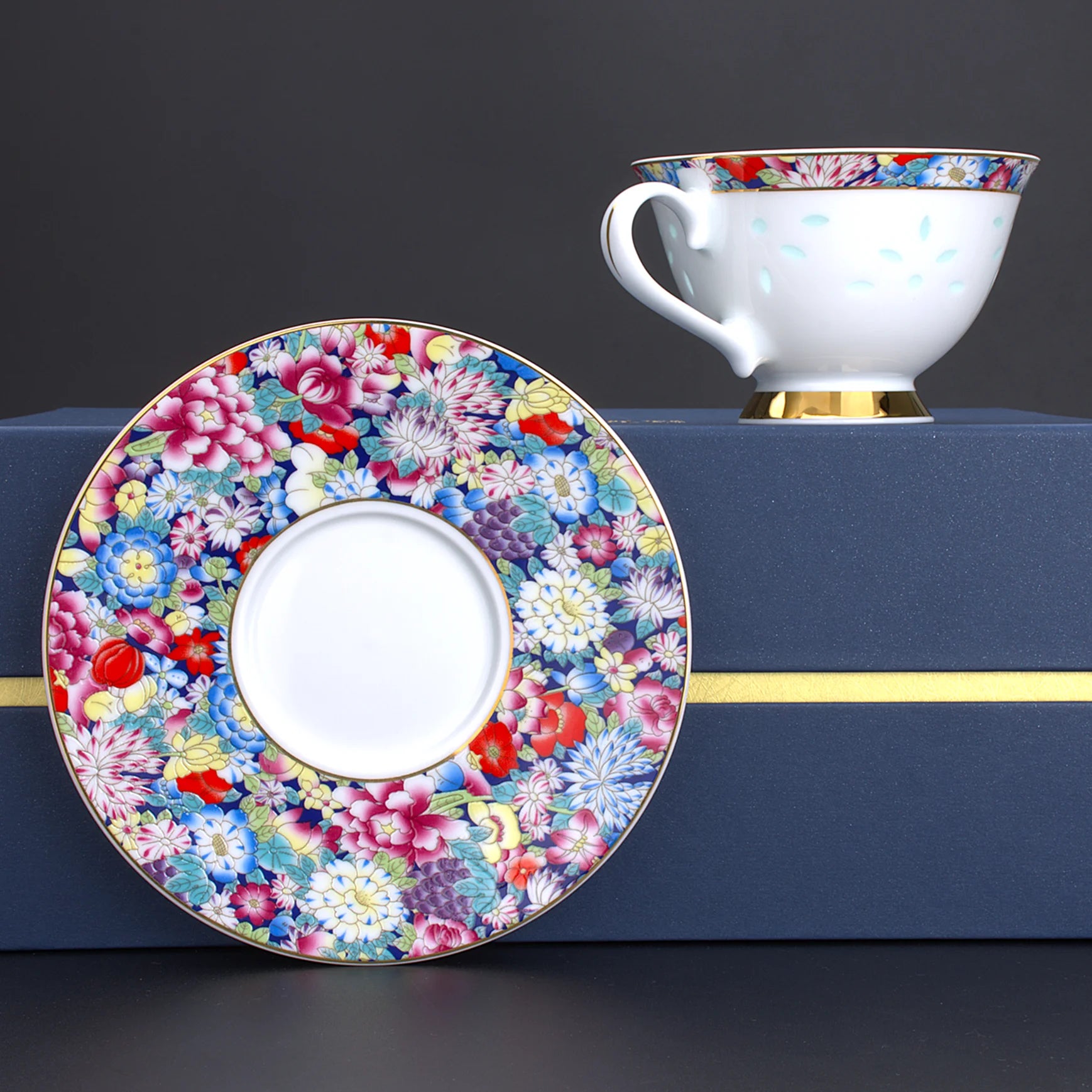 LIANHUA POTTERY Linglong Porcelain Coffee Cup And Saucer Set Handcrafted Enameled Colorful Pattern for Coffee And Afternoon Tea