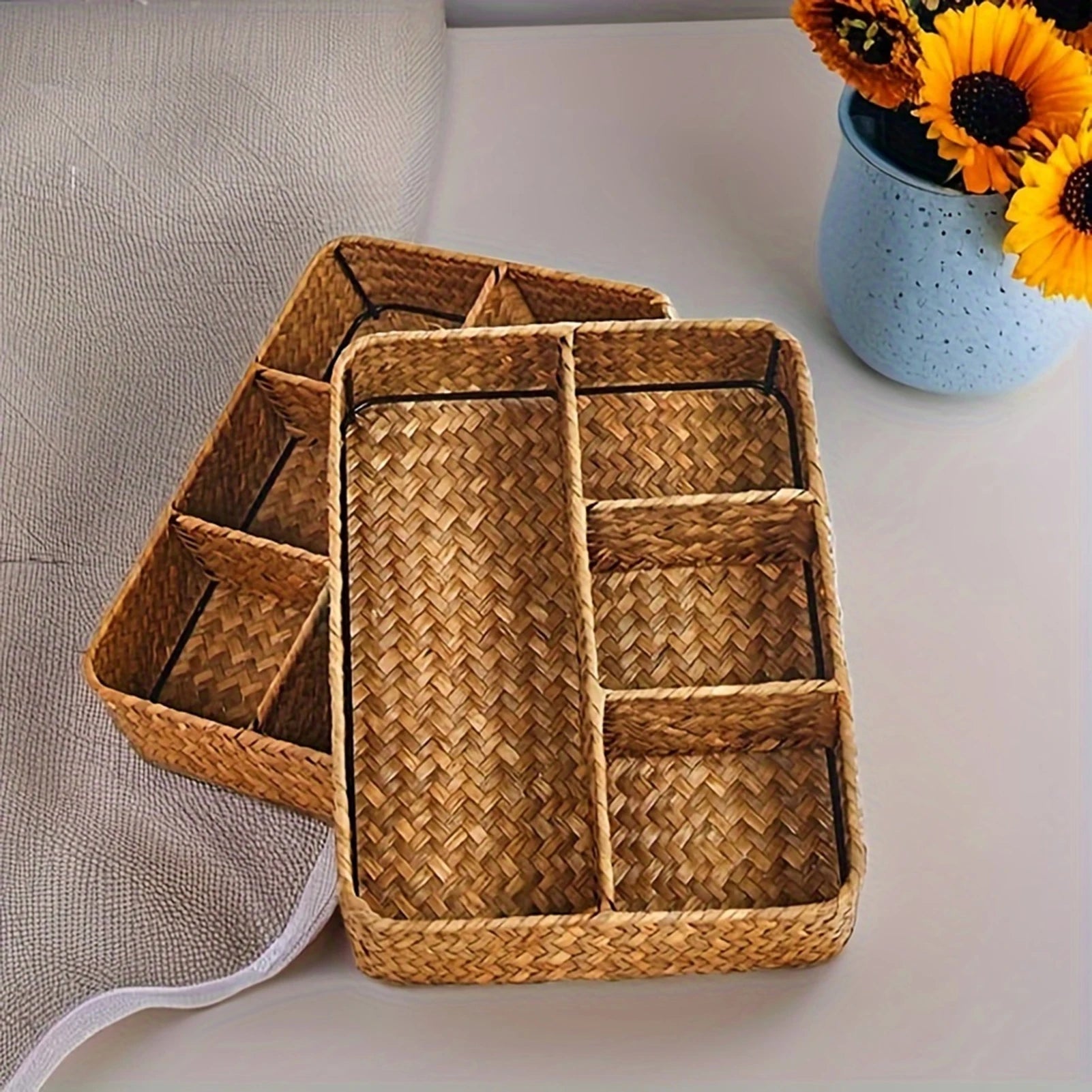 4 Grids Storage Basket Handmade Woven Willow Storage Basket For Clothes Cosmetic Stationery Hairpins Jewelry Accessories
