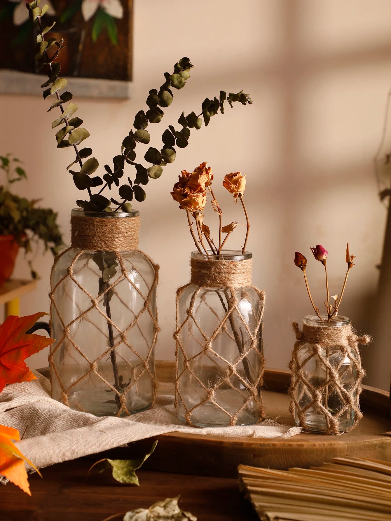 Rustic Hanging Glass Vase Rope Net Dry Flower Glass Vase with Art Hemp Rope  Home Transparent Living Room Decor Table Decoration