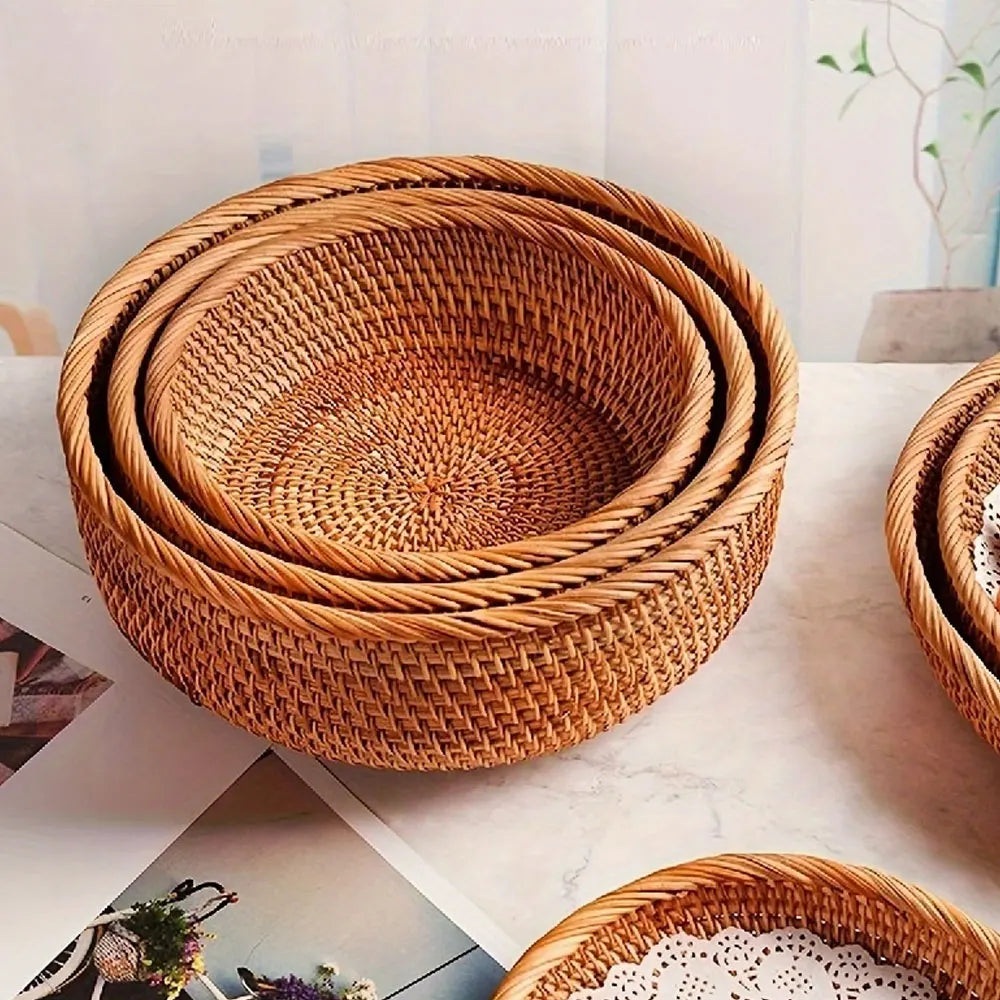 Set of Handwoven Wicker Baskets – Natural Straw Round Storage Baskets for Home Organization, Kitchen, and Decorative Use