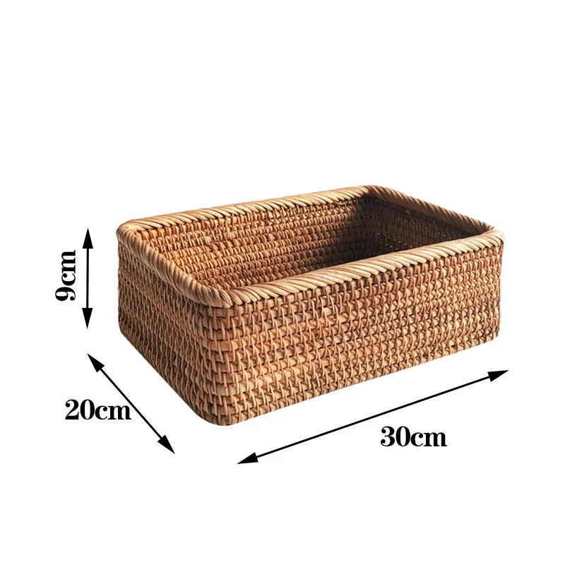 Hand-woven Rattan Wicker Basket Fruit Tea Snack Bread Basket Cosmetic Rectangular Storage Box Household Kitchen Supplies