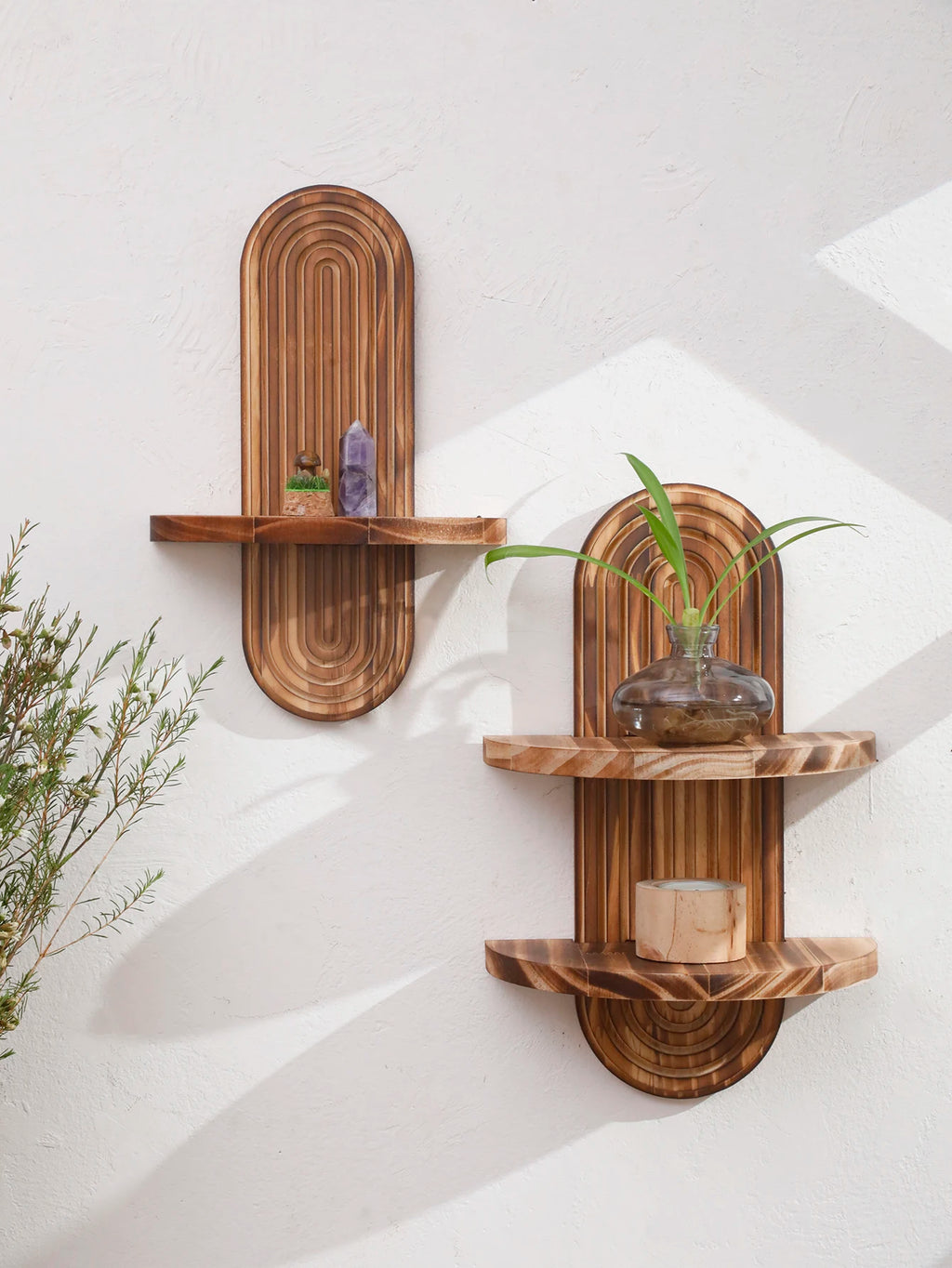 1Pc Boho Style Wooden Wall Shelves - Geometric Wall Mounted Shelves, Natural Wood Finish, Modern Home Decor, Plant Decorative