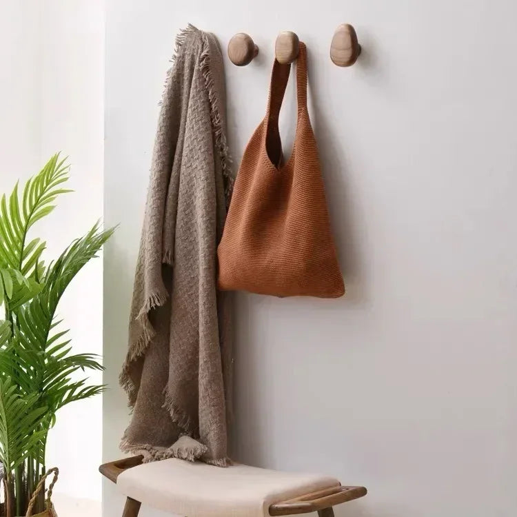 Scandinavian Solid Wood Handle Clothes Hook Coat Hook Wall-mounted Hook Punch-free Door Clothes Hanger Pebble Shape Cabinet Door