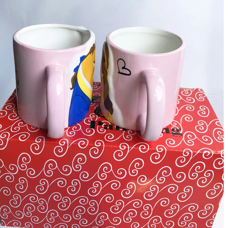 Disney 2 pieces Princess Couple Mug Mermaid Ceramic Mug Beauty Beast Ceramic Mug Double Snow White Coffee Gifts Couple Mugs