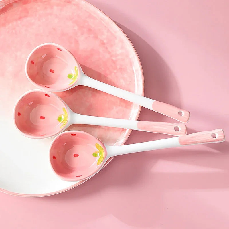 Kawaii Strawberry Ceramic Soup Spoon Cute Korean Ice Cream Hand Painted Coffee Dessert Long Handle Spoon Kitchen Accessories