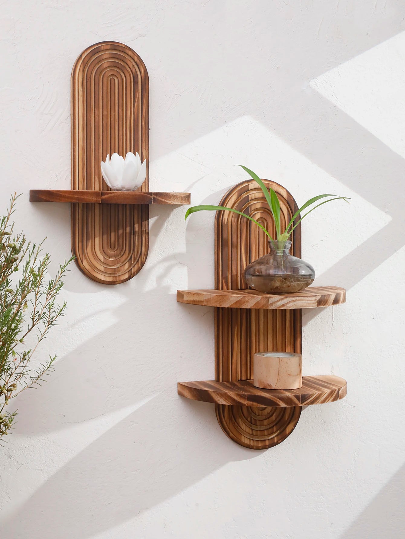 1Pc Boho Style Wooden Wall Shelves - Geometric Wall Mounted Shelves, Natural Wood Finish, Modern Home Decor, Plant Decorative