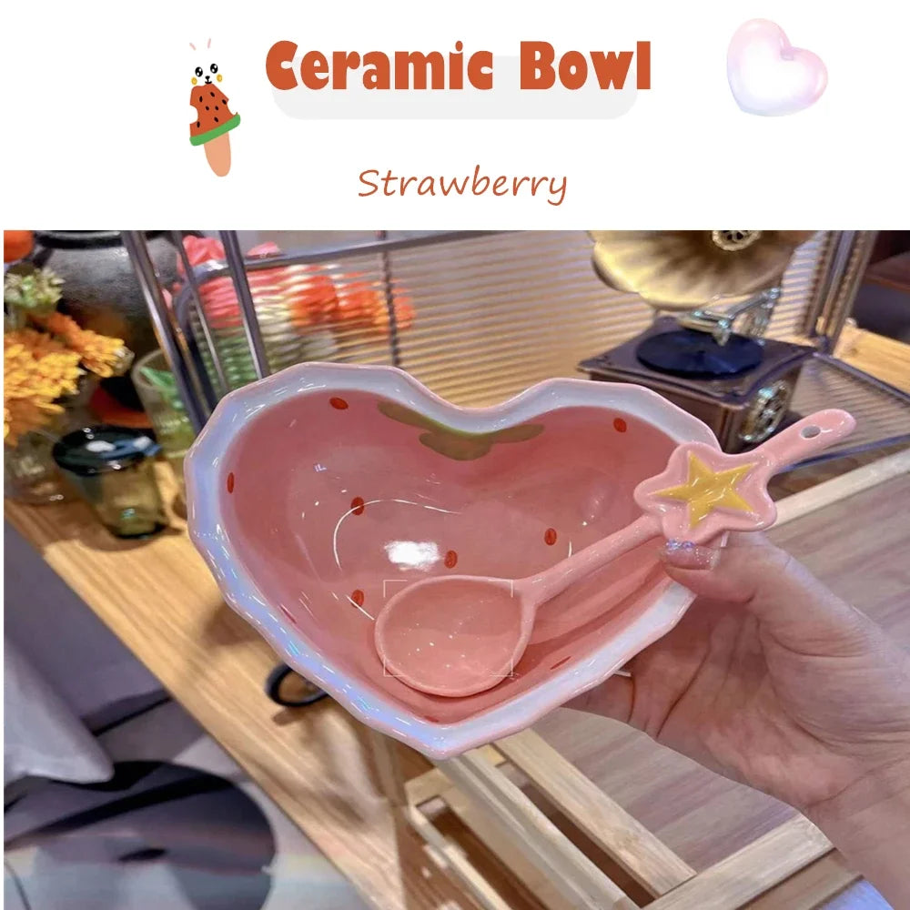 Strawberry Ramen Bowls and Spoons Creative Ceramics Anti-scald Instant Noodle Bowl Cute Strawberry Bowl Pretty Bowl