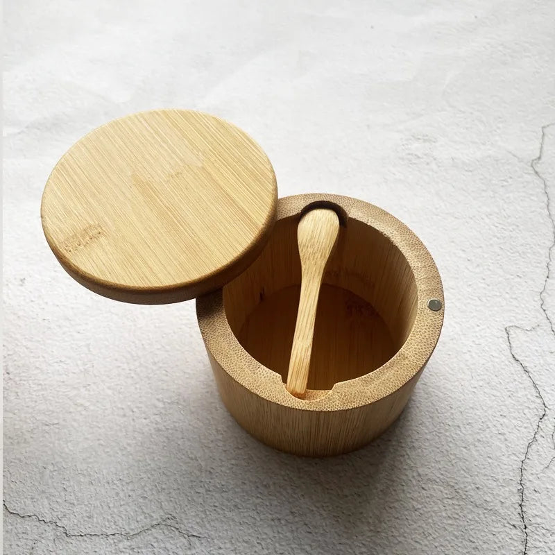 Salt Seasoning Jars Pepper Jar Bamboo Condiment Box Bowl Storage Pot Set Wood Sugar Container Holder Lid Function Multi Bowls