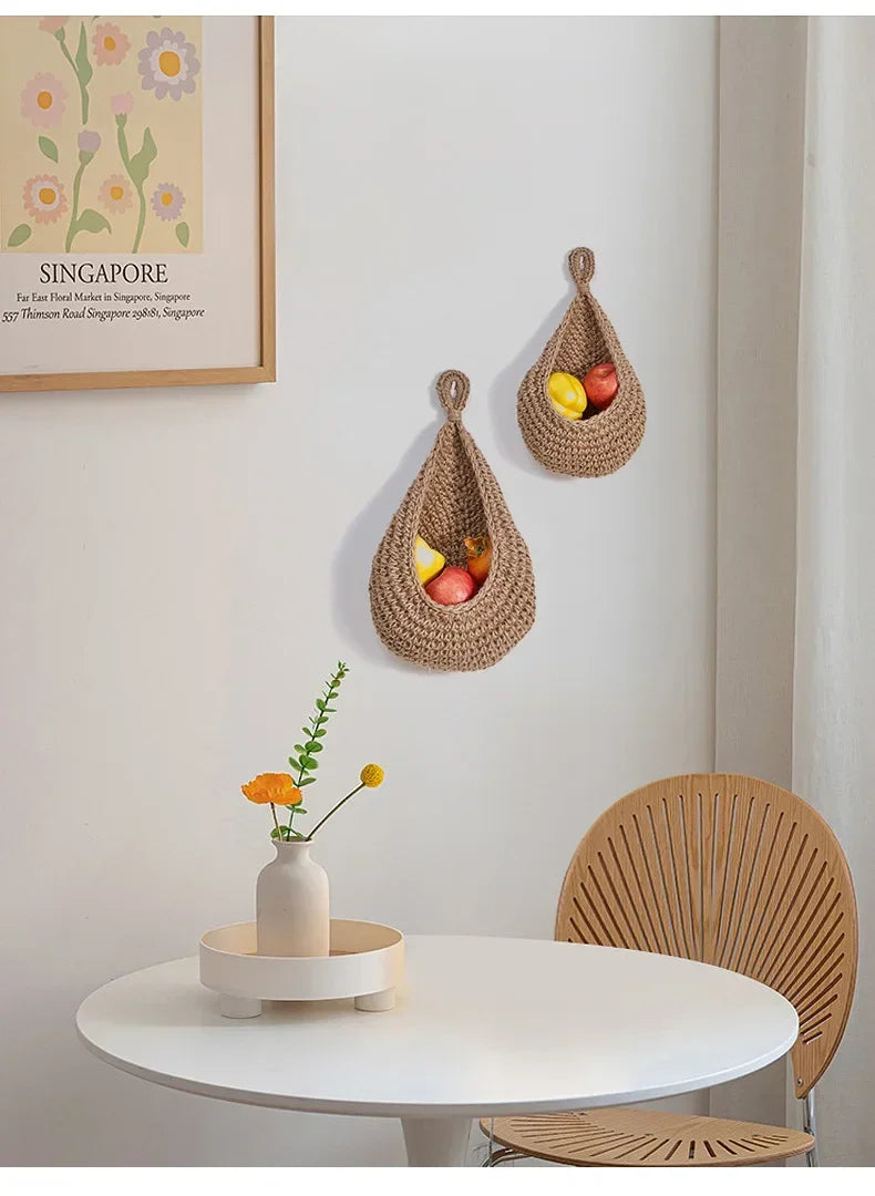 Handwoven Hanging Wall Fruit Vegetable Basket Organizer Container Decor for Kitchen Garden Mount Wall Plant Flower Onion Storag