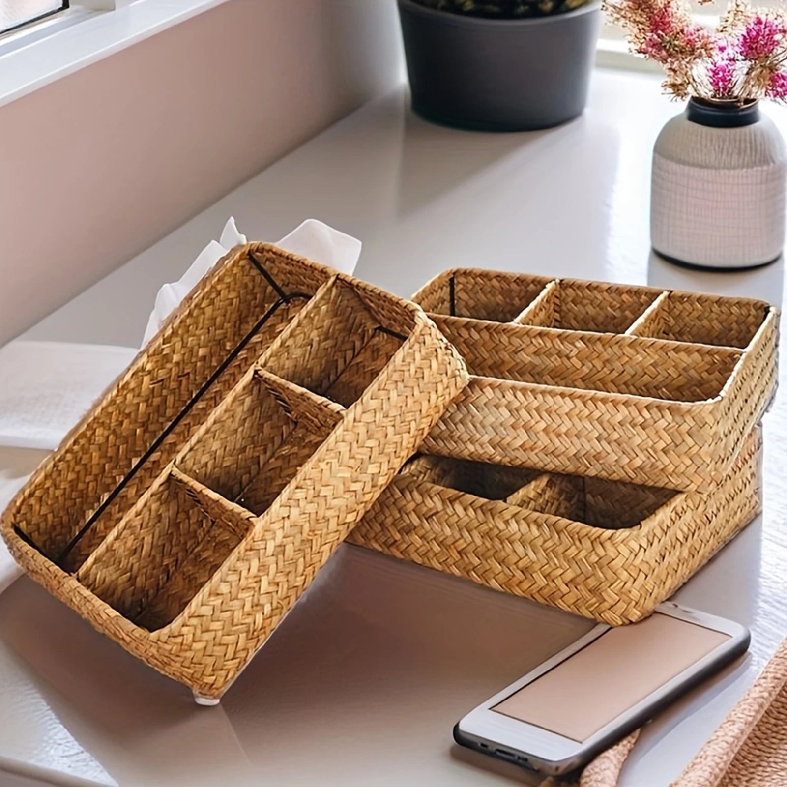 4 Grids Storage Basket Handmade Woven Willow Storage Basket For Clothes Cosmetic Stationery Hairpins Jewelry Accessories