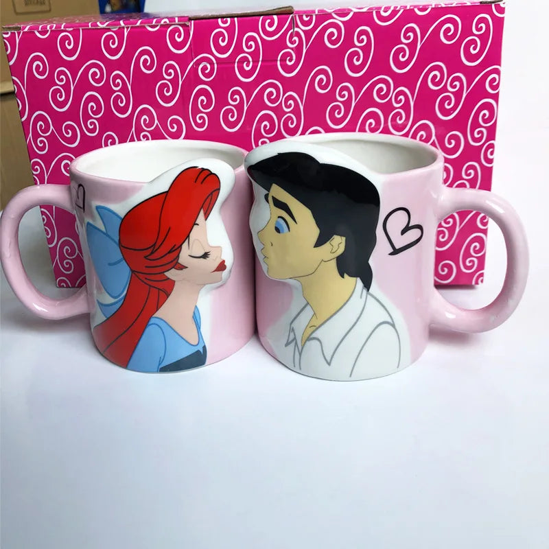Disney 2 pieces Princess Couple Mug Mermaid Ceramic Mug Beauty Beast Ceramic Mug Double Snow White Coffee Gifts Couple Mugs