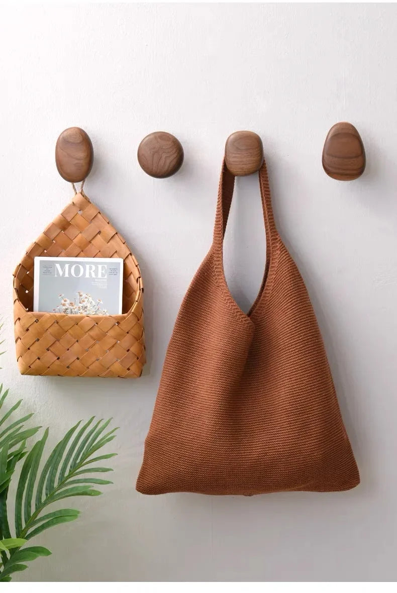 Scandinavian Solid Wood Handle Clothes Hook Coat Hook Wall-mounted Hook Punch-free Door Clothes Hanger Pebble Shape Cabinet Door