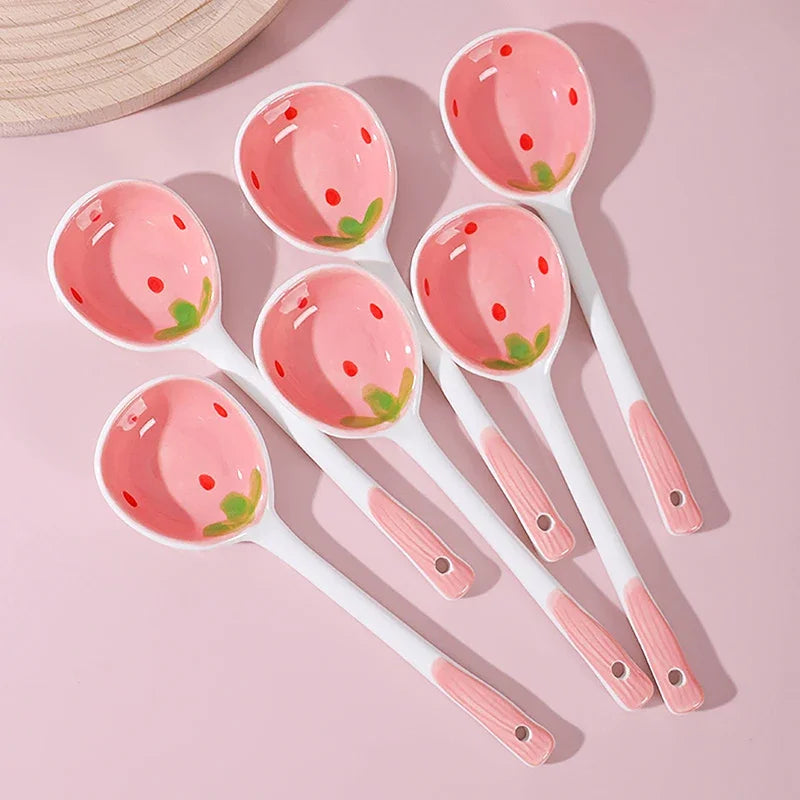 Kawaii Strawberry Ceramic Soup Spoon Cute Korean Ice Cream Hand Painted Coffee Dessert Long Handle Spoon Kitchen Accessories