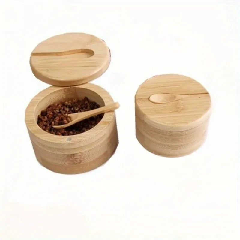 Salt Seasoning Jars Pepper Jar Bamboo Condiment Box Bowl Storage Pot Set Wood Sugar Container Holder Lid Function Multi Bowls