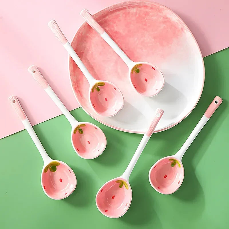 Kawaii Strawberry Ceramic Soup Spoon Cute Korean Ice Cream Hand Painted Coffee Dessert Long Handle Spoon Kitchen Accessories