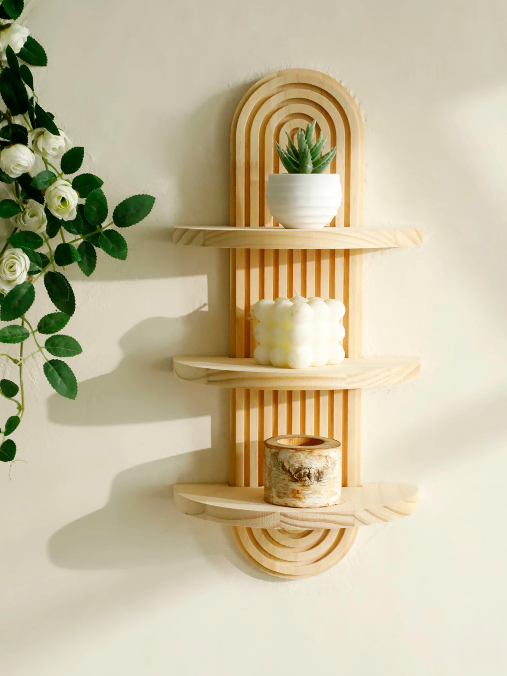 1Pc Boho Style Wooden Wall Shelves - Geometric Wall Mounted Shelves, Natural Wood Finish, Modern Home Decor, Plant Decorative