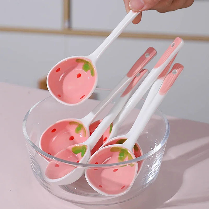 Kawaii Strawberry Ceramic Soup Spoon Cute Korean Ice Cream Hand Painted Coffee Dessert Long Handle Spoon Kitchen Accessories