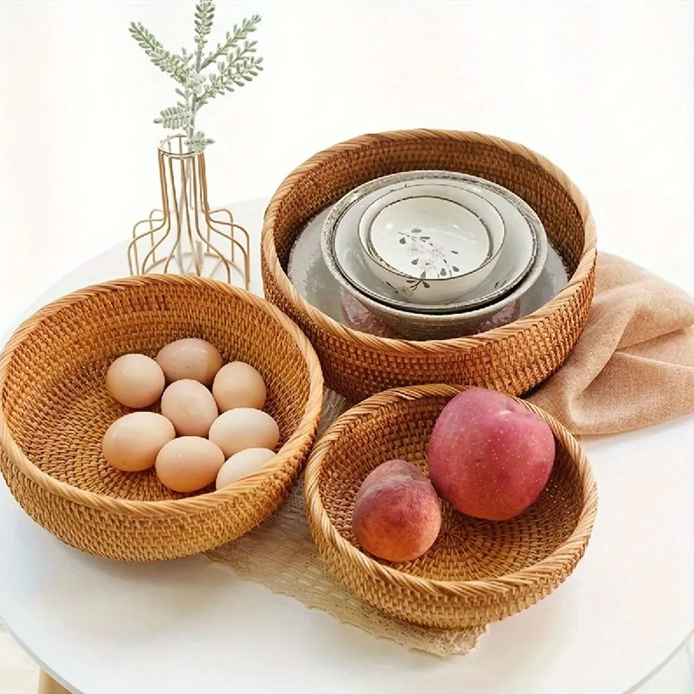 Set of Handwoven Wicker Baskets – Natural Straw Round Storage Baskets for Home Organization, Kitchen, and Decorative Use