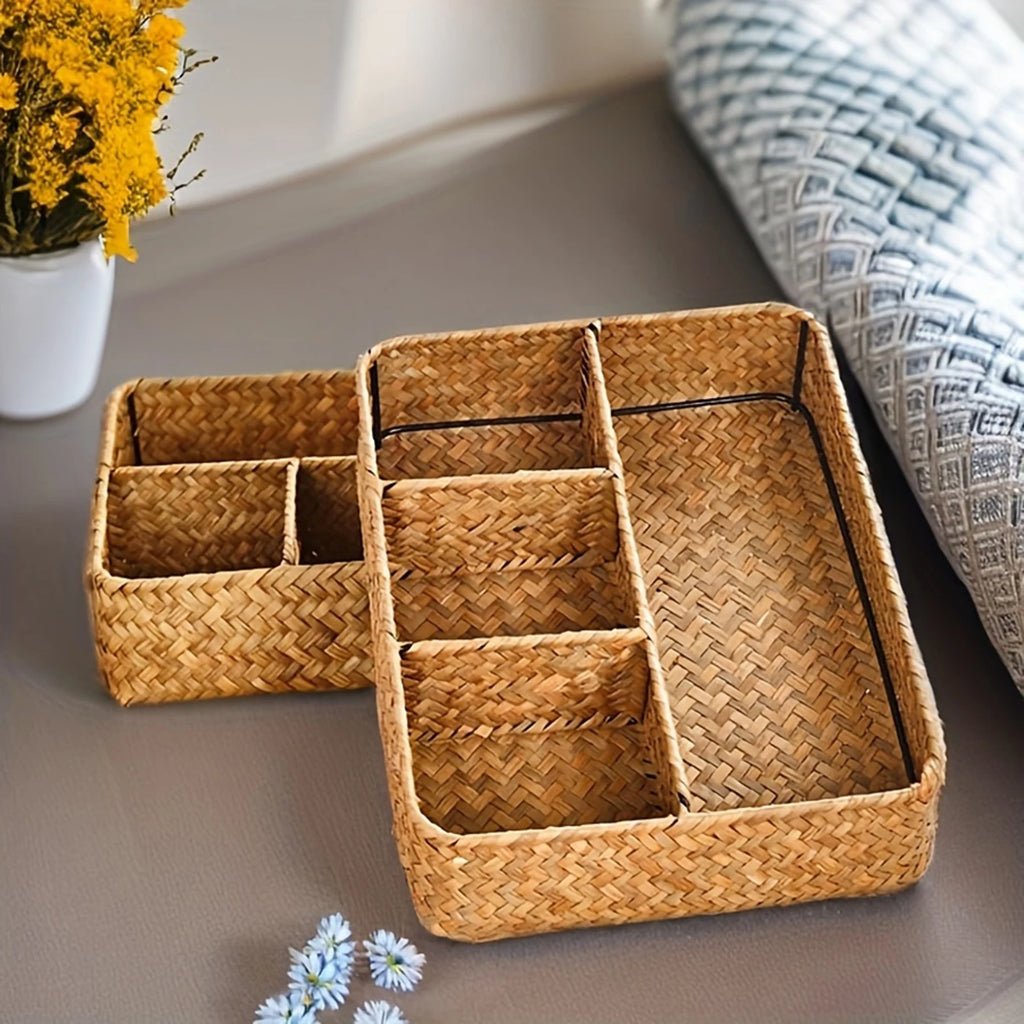 4 Grids Storage Basket Handmade Woven Willow Storage Basket For Clothes Cosmetic Stationery Hairpins Jewelry Accessories