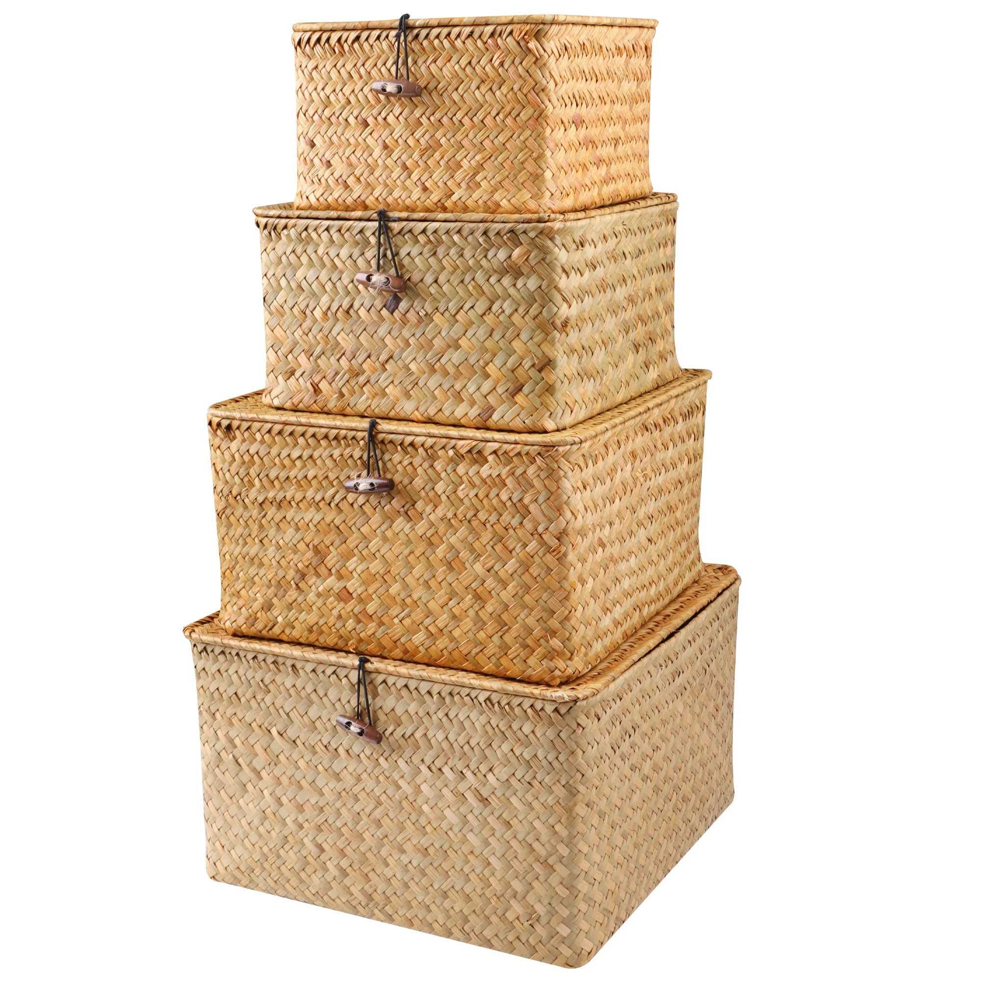 Set of 4 Seagrass Basket with Lid Wicker Storage Basket Decor Storage Boxes Flat Storage Bins Woven Organizer Baskets for Shelf