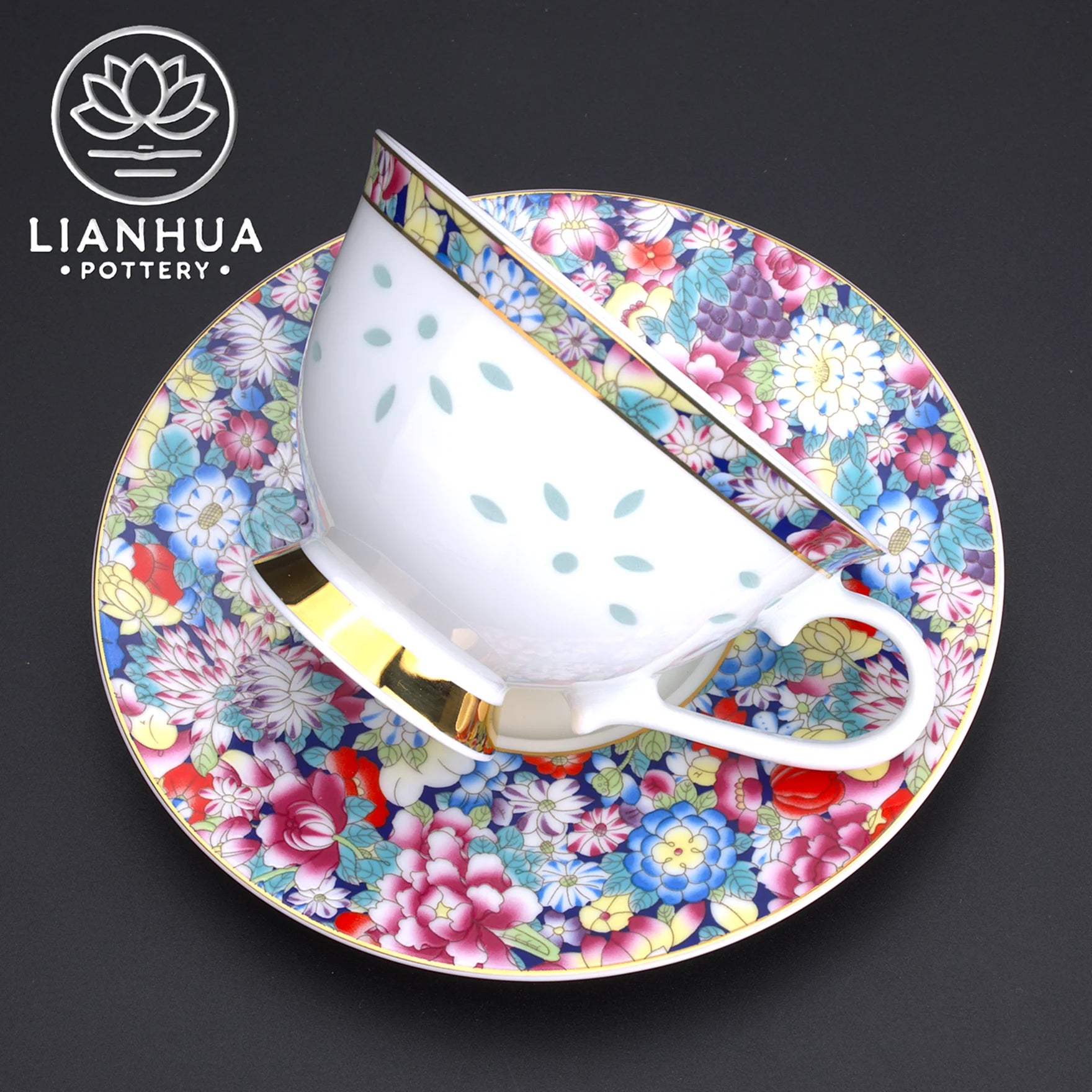 LIANHUA POTTERY Linglong Porcelain Coffee Cup And Saucer Set Handcrafted Enameled Colorful Pattern for Coffee And Afternoon Tea