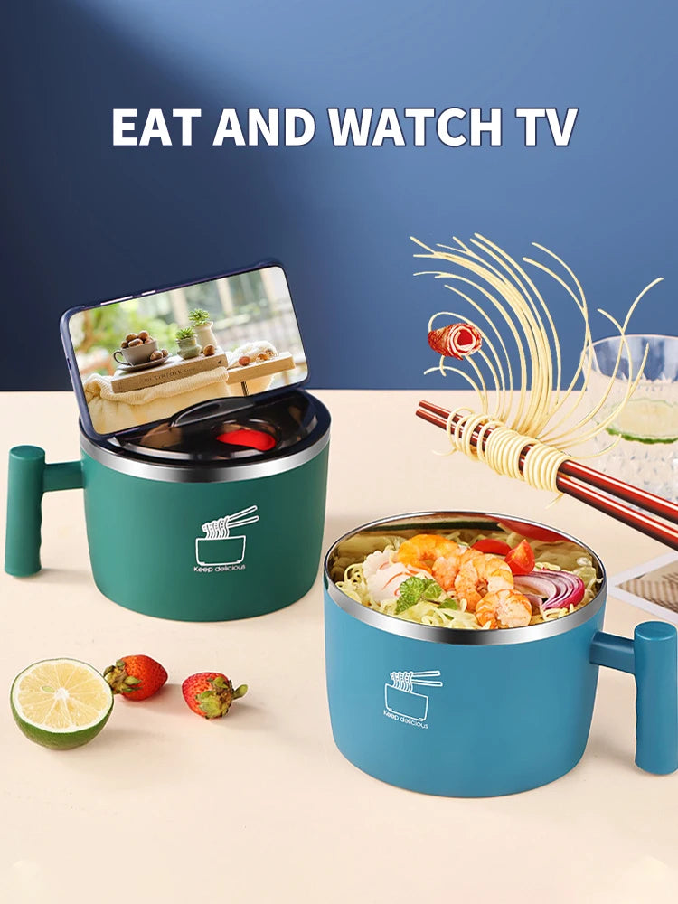 Stainless Steel Bowl With Lid For Instant Noodles Sealed And Portable Drain Bowl For Kitchen Utensils Instant Noodle Partner