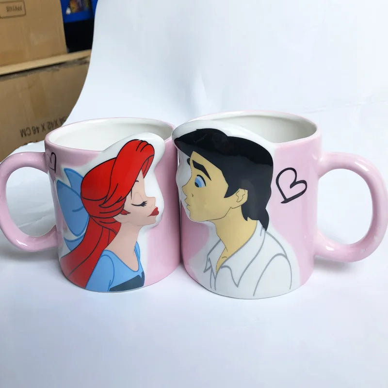 Disney 2 pieces Princess Couple Mug Mermaid Ceramic Mug Beauty Beast Ceramic Mug Double Snow White Coffee Gifts Couple Mugs