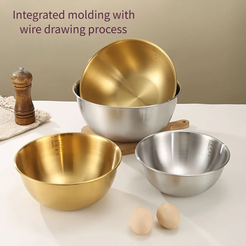 3Pcs A set of three stainless steel bowls for mixing, kneading dough, and serving salads, suitable for kitchen use.