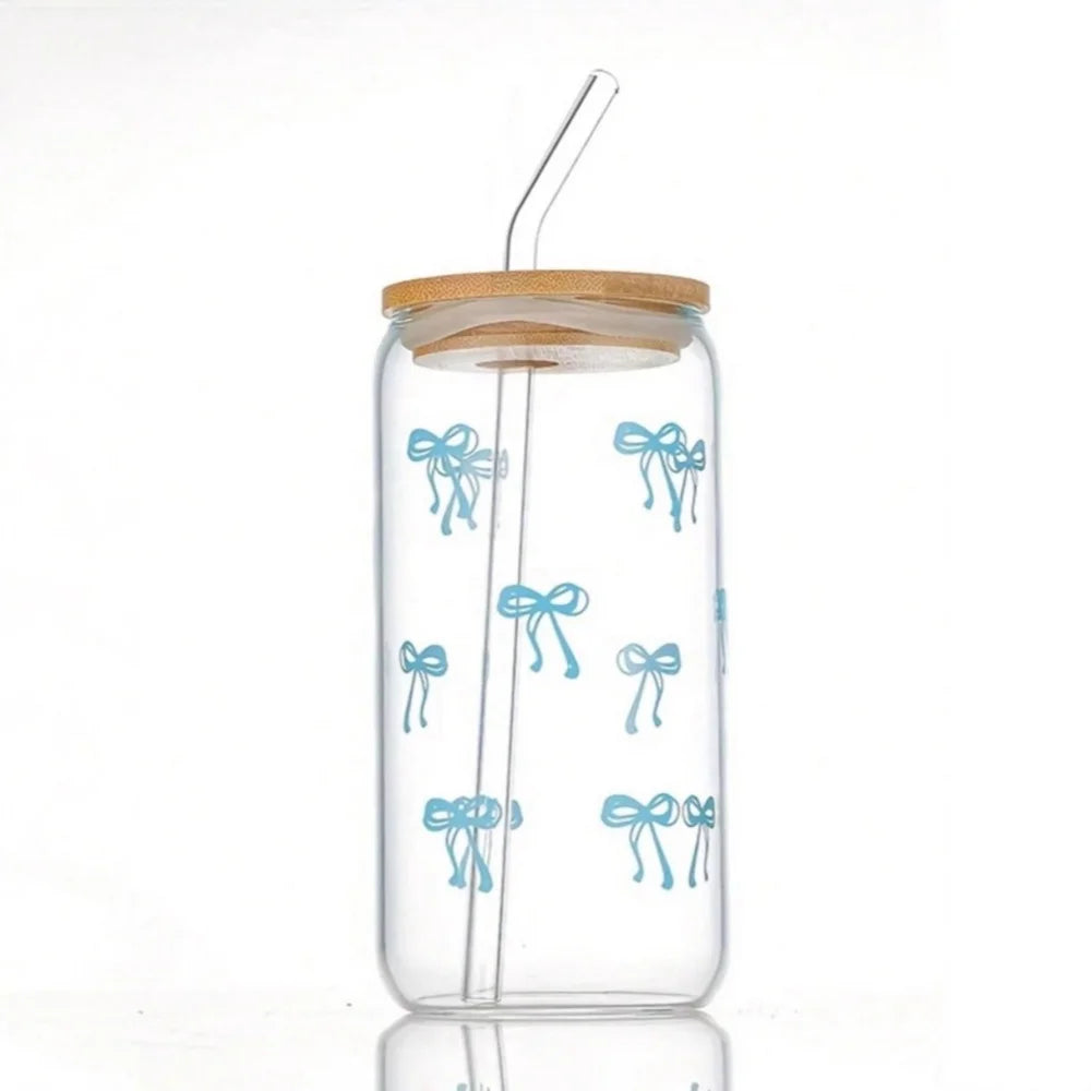 500ml Pink Bow Cute Glass Cups with Lids and Straw Tumbler Glass Cup for Iced Milk Coffee Smoothie Cocktail Matcha Juice Cup