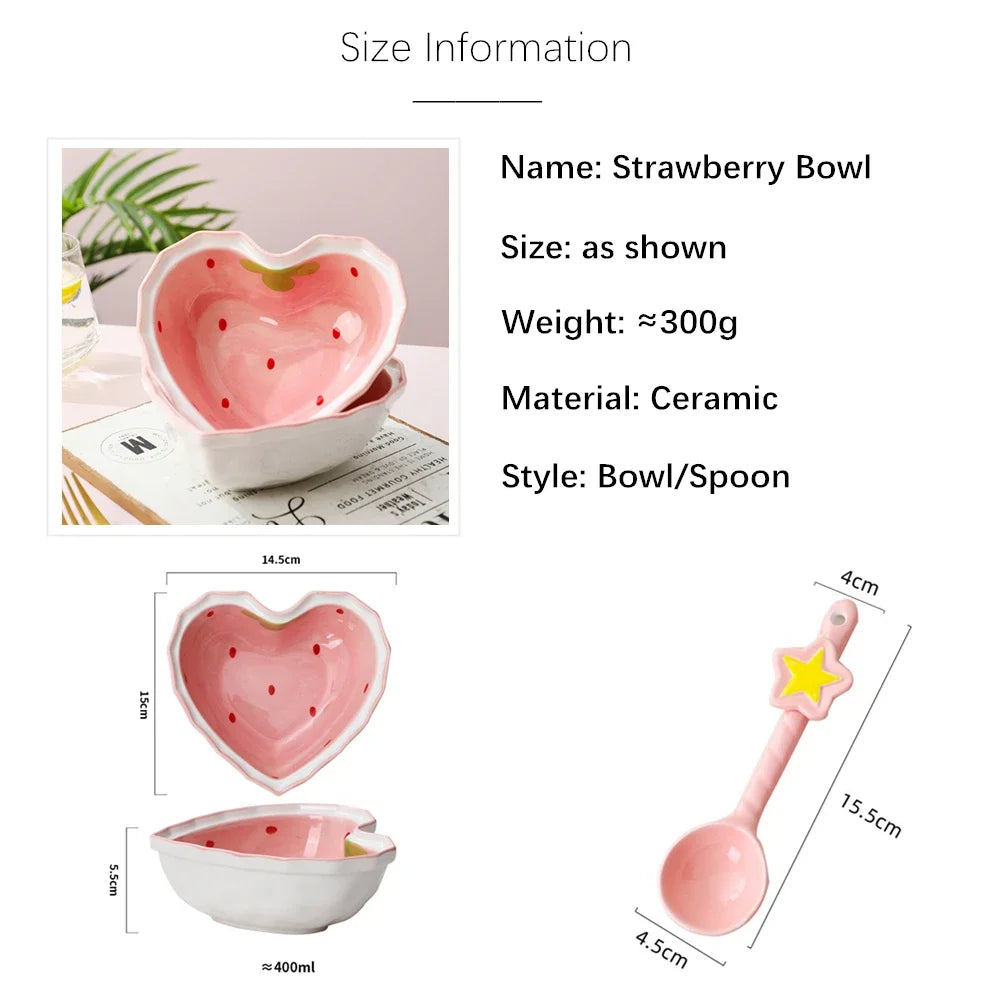 Strawberry Ramen Bowls and Spoons Creative Ceramics Anti-scald Instant Noodle Bowl Cute Strawberry Bowl Pretty Bowl